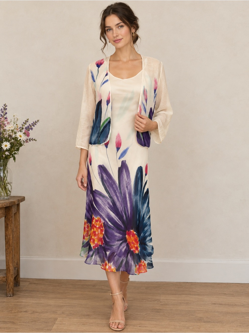 Vintage Simply Silk Dress & Cardigan S